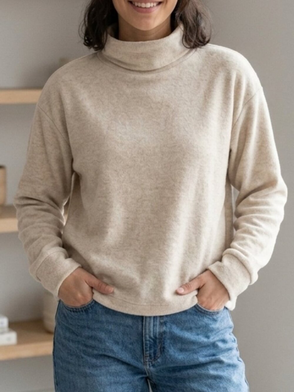 Uniqlo Soft Knitted Fleece Ribbed High Neck Sweater Pullover Cream Size S